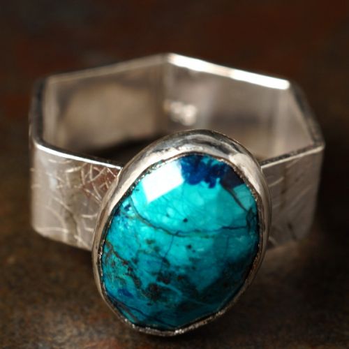 Contemporary handcrafted recycled sterling silver Azurite Shattuckite hexagonal Ring